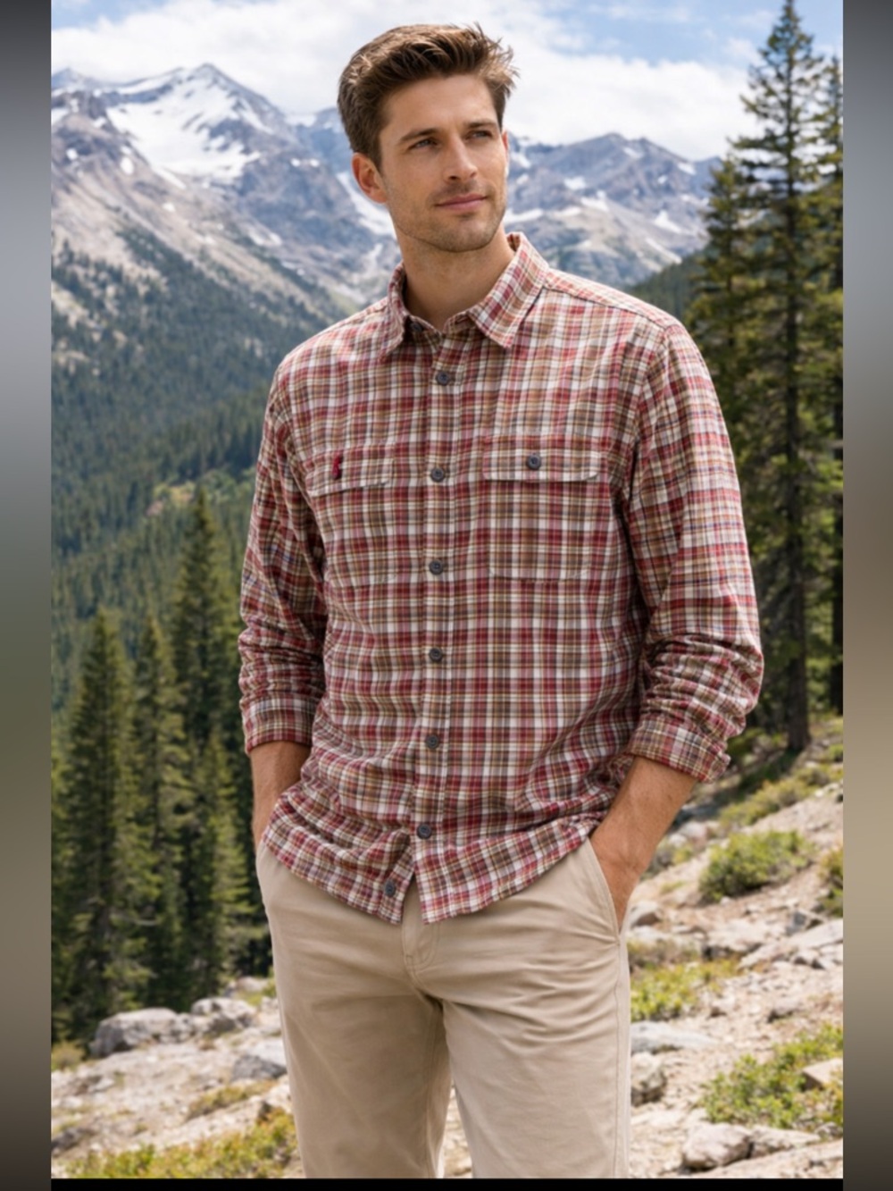 Patagonia Shirt Mens Large Red Plaid Organic Cotton Light Medium Weight EUC